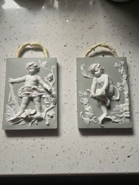 Vintage Arnart Creations Bisque Porcelain Plaques from Japan, Cherub, Sage Green